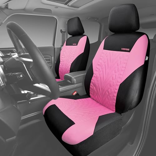Image of CAR PASS Car Seat Covers Two Front Only for Car, 3D Tyre Print Automotive Interior Covers, Airbag Compatible, Quick Setup Universal Fit Seat Covers for Car, Truck, SUV(Black and Pink)