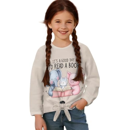Girls Crewneck Long Sleeve Shirts Casual Fall Sweatshirts Tie Front Knot Blouse Teens Top for Kids 5-12 Years