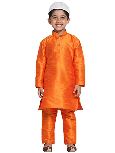 Image of VASTRAMAY Boys' Saffron Silk Blend Kurta Pyjama Set with Muslim Prayer Cap & Full-Length Slip-On Pyjama with Elastic Waistband - Ethnic Wear for Eid