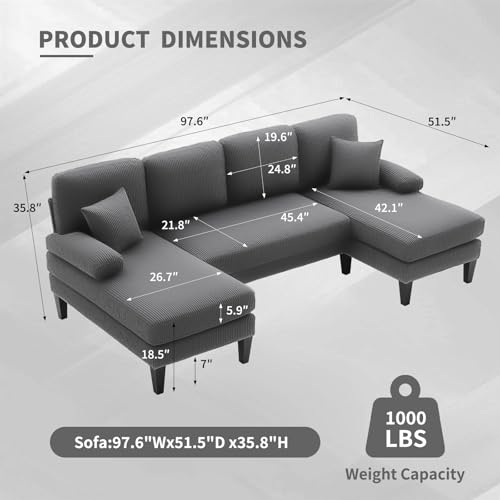 Image of 98 inch Sectional Couches for Living Room, U Shaped Couch with 18 inch Seat Height, 4 Seater Couch Set with Double Chaise for Apartment, Living Room Sofas, Corduroy, Grey
