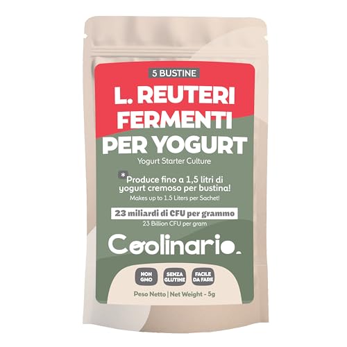 Coolinario Fermenti Lattici per Yogurt con Probiotici Extra L. Reuteri (5 Bustine da 1g) | Colture Vive per Yogurt Fatto in Casa, Cremoso e Denso | Non OGM, Senza Conservanti, Glutine, Halal & Kosher
