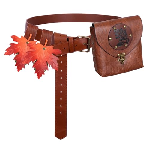 4 Pcs Renaissance Accessories Set with Studded Belt Bag & Maple Skirt Hikes, Viking Medieval Belt for Cosplay Costume (Brown)