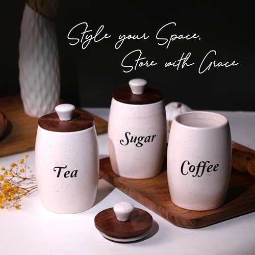 Image of Ceramic Tea Coffee Sugar Containers Set of 3 with Wooden Lids | Jar and Container for Kitchen Storage Set | Multi Utility Air Tight Kitchen Organizer Items (Hand-Painted, 400 ML)