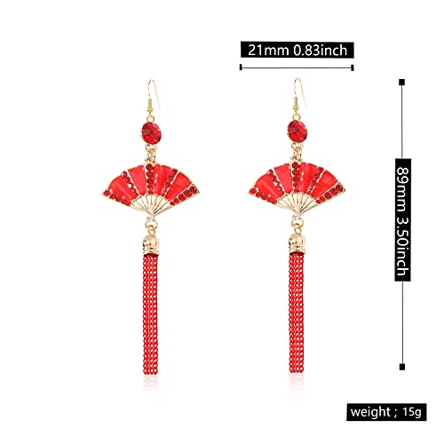 Red Fan Tassel Earrings Chinese for Women Japanese Ethnic Drop Cloud Aesthetic Hanging Dangle Jewelry Stud Earrings4