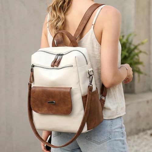 Image of WYFJNX PU Leather Backpack Purse for Women Fashion Multipurpose Design Handbag Ladies Shoulder Bags Travel Backpack White Brown