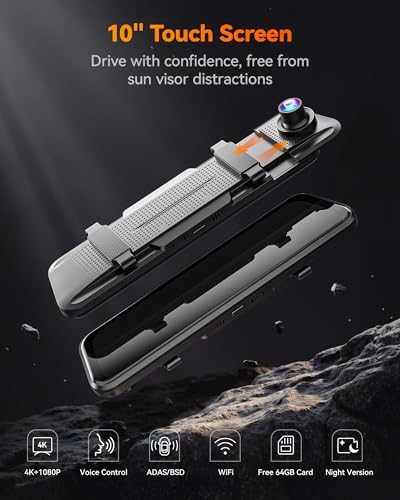 WOLFBOX M40 10'' Mirror Dash Cam, 4K+1080P Rear View Camera, Front and Rear Dual Cameras with ADAS/BSD, Voice Control, Built-in WiFi, Includes 64GB Card & GPS - 2