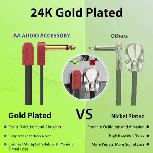 Image of AA AUDIO ACCESSORY Kevlar Reinforced Guitar Patch Cables 4 Inch 2-Pack, Built-to-Last, Noise-Free Quad-Layer Shielded, Gold-Plated Flat Ribbon Guitar Pedal Cables for BOSS, MXR, EBS, Behringer Pedal