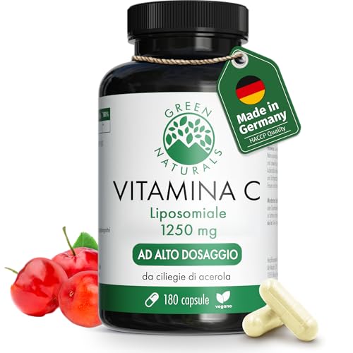 Vitamina C liposomiale 1250mg - Importante: massima biodisponibilità e assorbimento - 180 capsule vegane a base di ciliegie di acerola - Green Naturals®