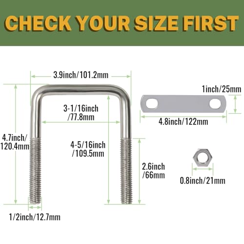 Image of LIONMAX U Bolts 3 Inch Wide, 5 Pack, 1 /2 inch D x 3-1 /16 inch W x 4-5 /16 inch L, M12 | Stainless Steel Square U Clamp, Corrosion Resistant, with Plates, Washers, Nuts, Heavy Duty for Trailer, Boats, Tube, 3 inch Wide