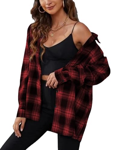 Zontroldy Camisas de Franela a Cuadros para Mujer, de Gran tamaño, Manga Larga, con Botones, Camisa a Cuadros, Negro Rojo, XL