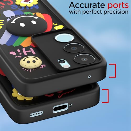 Image of Pikkme Back Cover for Vivo V29 5G / V29 Pro 5G | Soft Silicone| Cute Rainbow Smile & 3D Cartoon Flower Design | Shockproof Raised Camera Protection Bumper Case (Black)