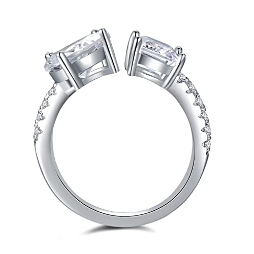 Eternity Rhodium Plated Solid Silver Two Stone Engagement Ring 3ct Pear and 3ct Emerald Shape Zircon Open Adjustable Wedding Anniversary Ring3