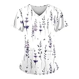 Womens Scrubs V Neck Short Sleeve Nursing Tops Plus Size Stretchy Cute Printed Moisture Wicking Nurse Uniform Shirts Uniformes de Enfermeras de Mujer (K-Purple,M)