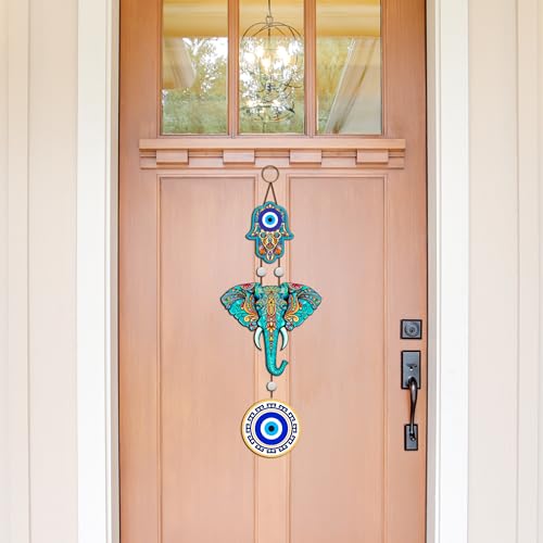 Image of GENXTRA Luxury Designer Elephant Ganesha Evil Eye Wooden Wall Hanging for Luck & Prosperity | Home Decoration | Living Room | Spiritual Decor Items | Ethnic Wall Art | Nazar Protection Hanging