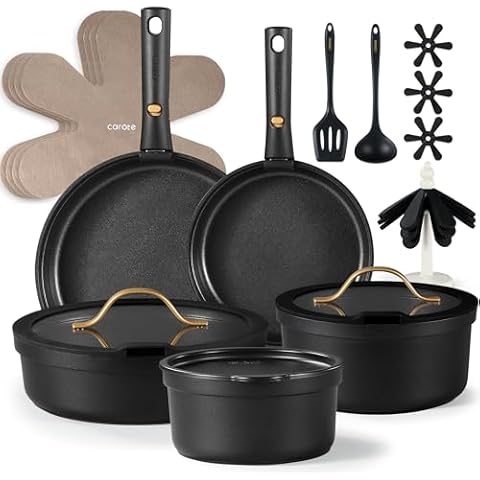 CAROTE 20pcs Pots and Pans Set Non Stick, Nonstick Cookware Set, Dishwasher/Oven/Fridge Safe Pots and Pans, Removable Handle RV Oven Safe Cookware, Induction Kitchen Set, Black Cover