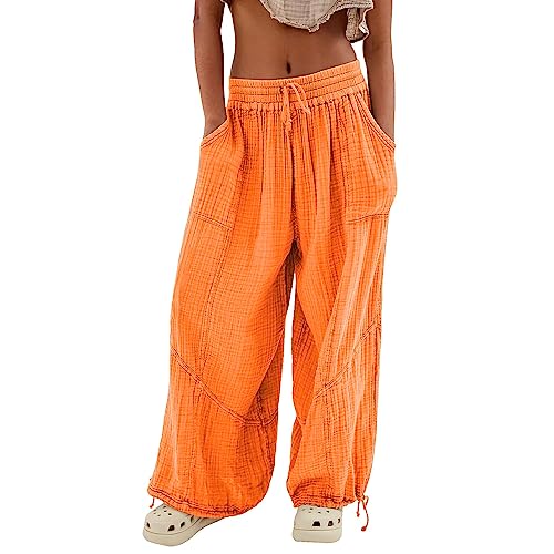 Womens Baggy Casual Cotton Linen Work Utility Pants Loose Straight Wide Leg Lounge Cinch Bottom Jogger Sweatpants Harem Trousers Drawstring Comfy Pull On Paper Bag Cargo Pants with Pockets Orange