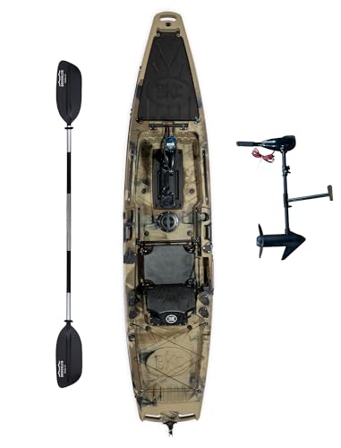Upgraded Brooklyn 12.5 Pro Motorized Single Kayak with Built-in Trolling Motor by BKC, Ultra Stable 12.5 ft Sit-On-Top Fishing Kayak, 558 lb Capacity, Rudder Steering, Large Storage (Camo)