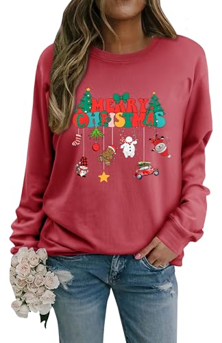 WIEIYM Weihnachtspullover Damen Sweatshirt Langarmshirt Rundhals Langarm Pullover Herbst Winter Weihnachtsbaum Druck Weihnacht Casual Christmas Sweat Oberteile D-Watermelon Red XL