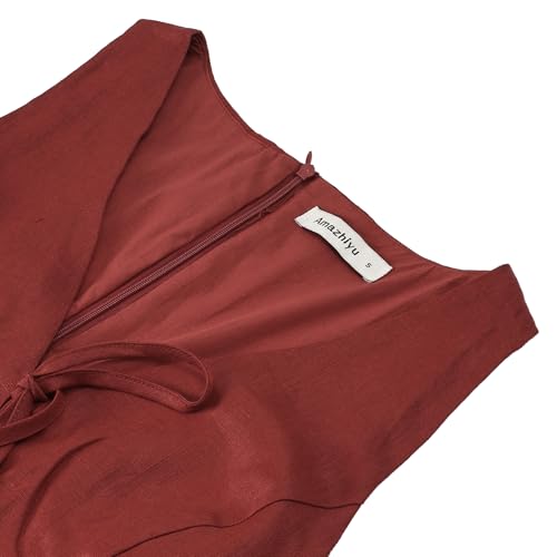 Image of Amazhiyu Womens 100% Linen Summer V Neck Tie Front Sleeveless Mini Tank Dress