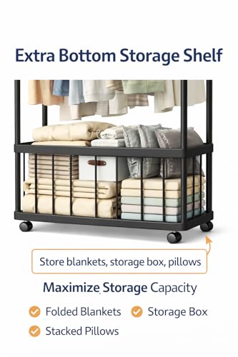 Image of Raawan Heavy Duty Double Rod Clothes Rack with Side Storage Shelves | Metal Garment Stand Organizer | Space Saving Cloth Hanger Stand for Bedroom, Living Room & PG (2 LAYER + BOX BLACK)