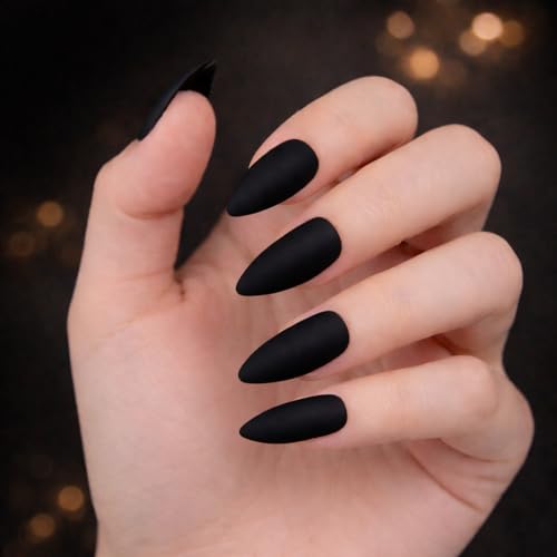 Image of 24 Pcs Reusable Artificial Nails Fake Nails with Glue and Kit|Midnight Velvet Matte Black Press On Nails | ABS Material UV Protected Long Lasting Finish | Reusable Customizable Nail Kit |Medium Stiletto Nails