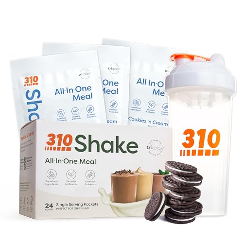310 Nutrition All-in-One Meal Replacement Shake Starter Kit with Shaker Cup - High-Protein, Fiber-Rich Vegan Superfood Blend - Sugar-Free, Keto & Paleo Friendly, Low Carb - Cookies & Cream - 24 Individual Servings