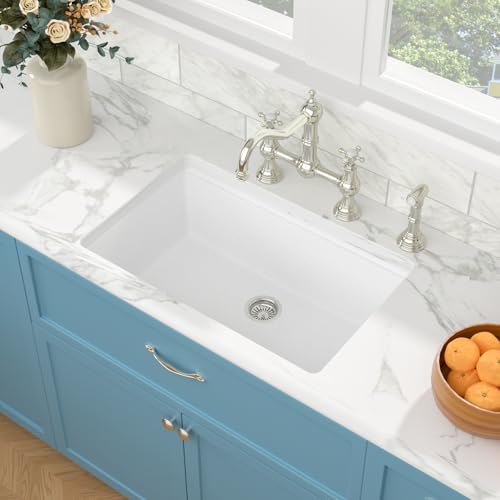 Sarlai 30 Granite Composite Kitchen Sink - 30 x 19 Inch Granite Undermount Kitchen Sink Ledge Workstation Under-Mount White Quartz Classic Single Bowl Sinks Under Counter Basin by Sarlai - Used condition - Image 3