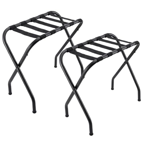 SUNNYNEST Black Metal Folding Luggage Rack with Heavy-Duty Nylon Straps Collapsible Suitcase Stand with Floor Protection for Guest Room Bedroom & Hotel Use