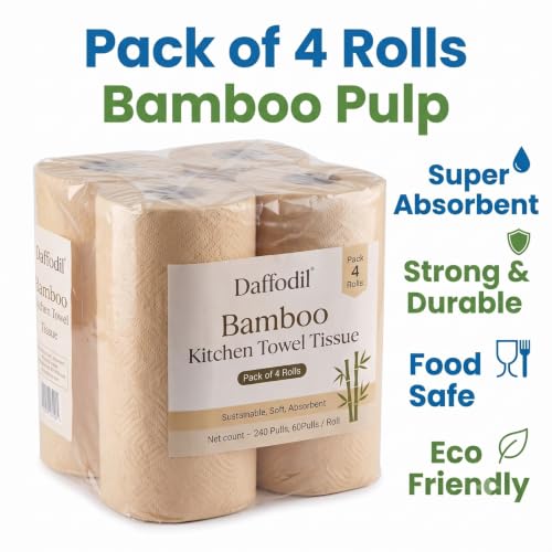 Image of Daffodil Bamboo -2 Ply Kitchen Towel Tissue Roll | 240 Pulls (60 pulls x 4 Rolls) | 100% Eco-Friendly - Pure Bamboo Pulp |Soft & Super Absorbent | Food Safe