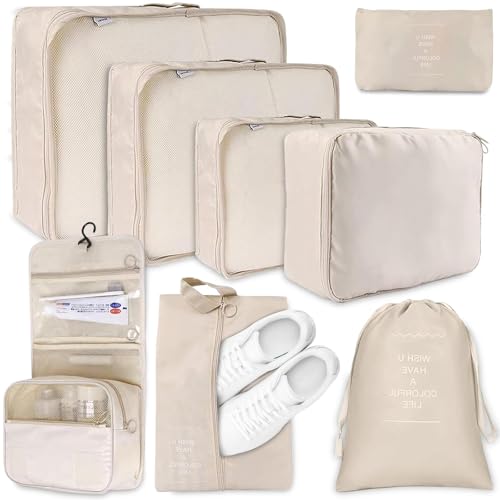 LOVICVKEM Organizer Valigia Set di 8 in 1 Packing Cubes, Organizzatore per Valigia per Vacanze e Viaggi, Organizer Valigie Set, Viaggio Accessori Utili, Beige