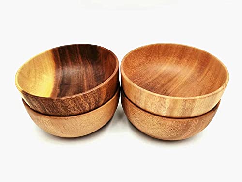 Acacia Wood Salad Bowl Set Of 4 - Round 6.3 Inches Small Size Bowl For Food Fruit Cereal Decoration. #TOP1