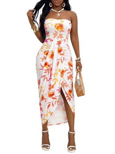 Image of Umenlele Women's Strapless Ruched High Waist Wrap Split Asymmetrical Beach Maxi Long Dress