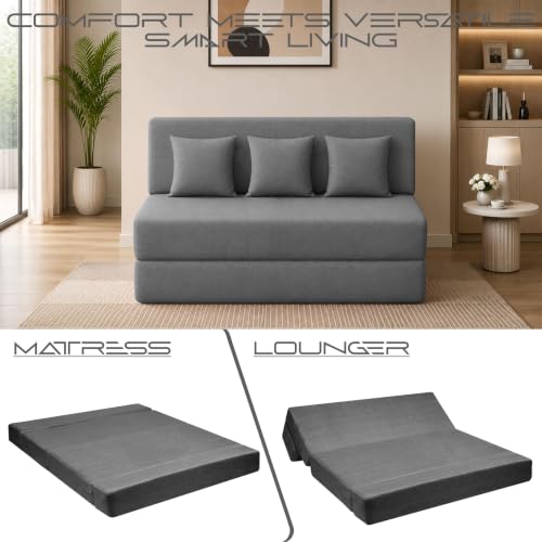 Image of Los Angeles Foldable Three Seater Sofa Cum Bed, Sofa Bed 5X6 Feet Jute Fabric Washable Cover- Including 3 Cushion Perfect for Living Room & Office - Grey Color