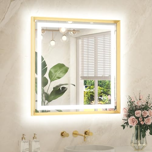 TETOTE Led Bathroom Mirror 30 x 30 with Brushed Gold Frame Anti-Fog Frontlit & Backlit Vanity Mirror Stepless Dimmable Lighted Mirrors for Bathroom Wall 3 Colors White/Warm/Natural Wall-Mounted