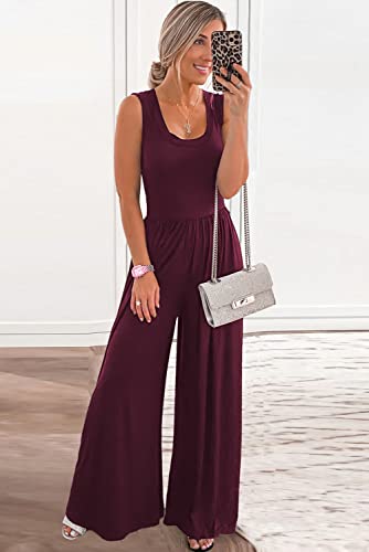 Prettygarden Women’s Summer Sleeveless Tank Jumpsuits High Waist Low Cut Casual Scoop Neck Fit And Flare Long Pants Rompers(Wine Red, Large) #TOP1
