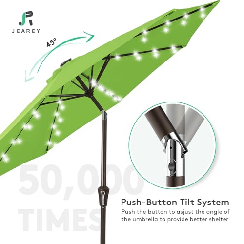 Image of JEAREY 9FT Outdoor Patio Umbrella with Solar Lights, LED Lighted Pool Umbrella with Tilt and Crank, Outdoor Table Umbrellas for Deck, Yard & Market (Grass Green)