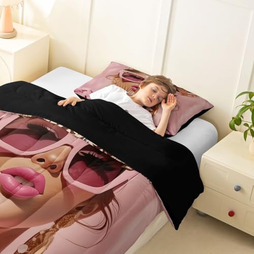 Image of Erosebridal Pink Black Girls Twin Comforter Set Luxury African American Bedding Set for Girls Women Modern Fashion Woman Room Decor Afro Black Woman Duvet Insert (1 Comforter, 1 Pillowcase)