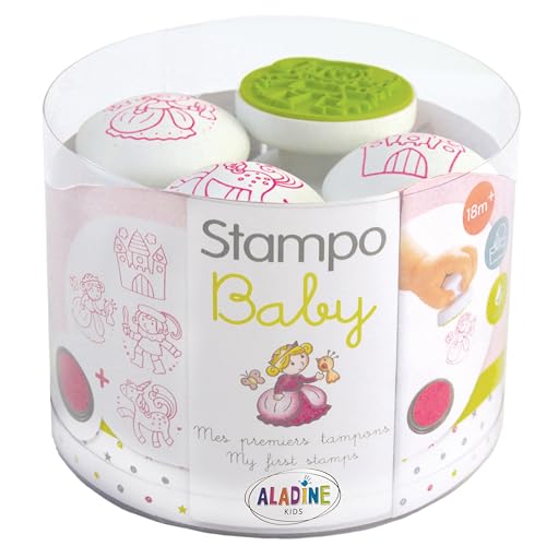 Aladine - 4 Tampons Princesse avec Encreur - Stampo Baby - Activité Manuelle Enfant 2 ans, Tampons Bébé - Encre Lavable - Faciles à Manipuler - Cadeau...