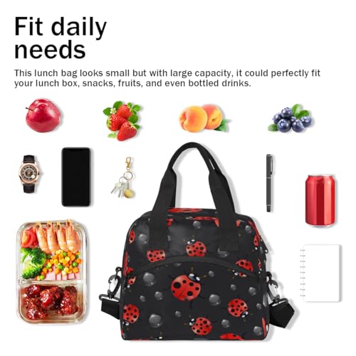 Aglebo Cute Ladybugs Insulated Lunch Bag for Women Men Reusable Lunch Box Cooler Bag Large Leakproof Lunch Tote with Adjustable Shoulder Strap for Adult Work Picnic Camping Beach Office