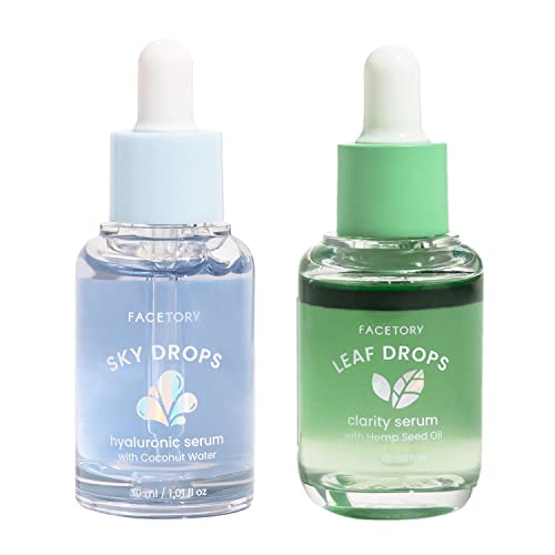 Facetory Drop Serum Bundle For Clear And Hydrated Skin - Contains Hyaluronic Acid And Hemp Seed Oil - Serums For Oily, Combo, Dry, And Acne-Prone Skin - Balancing And Soothing, 2 Facial Serums 30 Ml / 1.01 Fl Oz Each #TOP30