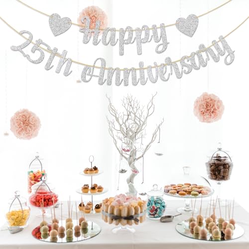 Image of Happy 25th Anniversary Banner 25th Wedding Anniversary Happy 25th Birthday Cheers to 25 Years Loved Party Decorations Silver Glitter