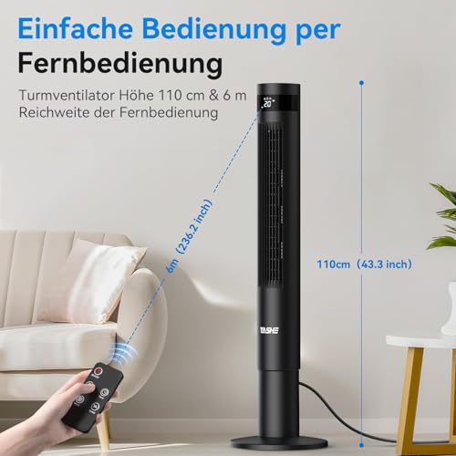 YASHE 43" Tower Fan with Remote Control, 85° Oscillating Bladeless Tower Fan, Tower Fans Cooling Quiet Bedroom, Ac Fan with 12 Timer, 3 Mode & 3 Speed Settings, LED Display, 28db - Image 5