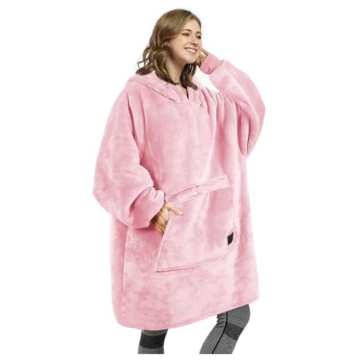Oversized Hoodie Blanket Sweatshirt, Comfortable Sherpa Giant Pullover with Large Front Pocket for Adults Men Women Teenagers Kids Pink