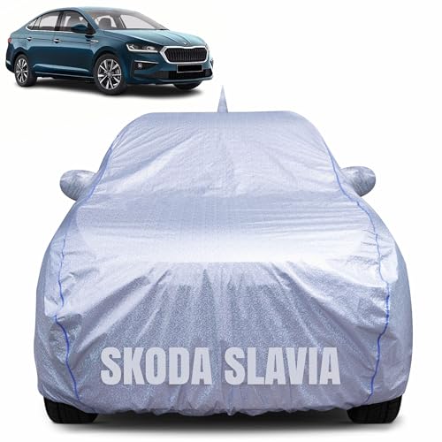 Image of 100% Waterproof Car Body Cover for Skoda Slavia with Mirror Pocket, Heat & UV Resistant, Triple Stitched, Soft Lining, Bottom Elastic & Piping (Silver Reflective)