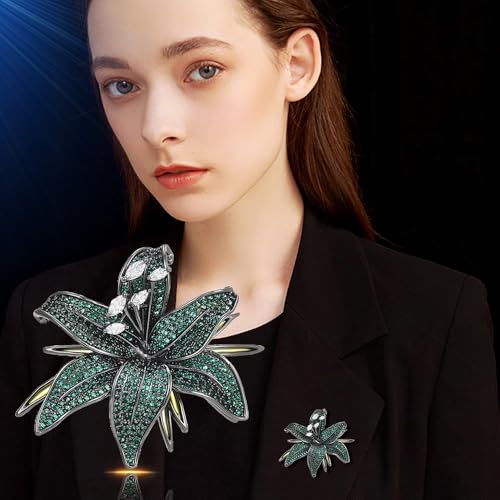 Image of Lily Flower Wedding Statement Brooch Art CZ Lapel Pin Austrian Crystal Leaf Bouquet Clusters Brooches Elegant Dress Suit Sweater Accessories for Women Ladies Party Prom Xmas Jewelry Gift