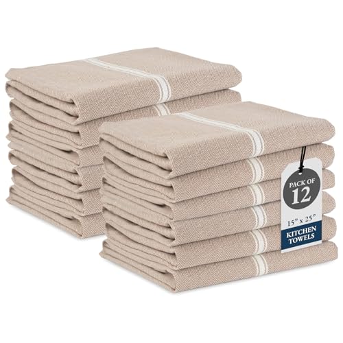 LANE LINEN Kitchen Towels Set - 100% Pure Cotton Dish Towels for Kitchen, Super Absorbent Kitchen Hand Towel, Tea Towels, Soft & Durable Dish Cloths, Pack of 12 – 14”x25”, Beige