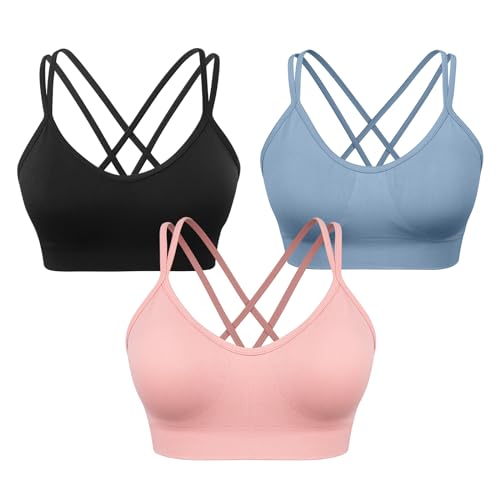 Image of VEQKING Strappy Cross Back Women Sports Bra Pack for Medium Support Workout | Removable Padded Cups, Spaghetti Strap, Comfort Seamless Wirefree, Soft Breathable Fabric, for Gym /Yoga /Pilates /Walking /Daily