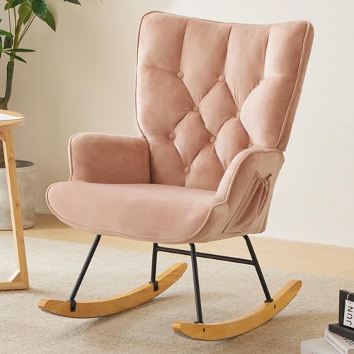 Image of Karl home Rocking Chair Nursery Velvet Glider Rocker with High Backrest Accent Rocking Armchair with Side Pockets for Living Room, Bedroom, Nursery, Home Office, Pink