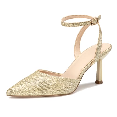Athlefit Womens Closed Pointed Toe 3 Inch High Heels Ankle Strap Stiletto Heel Wedding Party Dress Pumps Shoes Gold Glitter Size 8 SAPU2602W