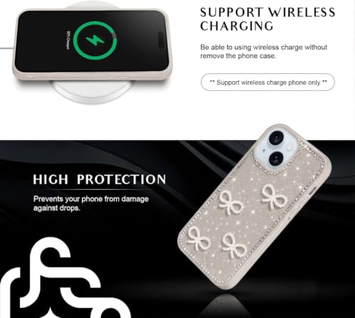 Image of DIZORO Compatible for iPhone 13 / iPhone 14 Cover 6.1, Luxury Diamond Cute with Bow Glitter Bling Case with Full Camera Protection PC+TPU Glossy Shiny Back Cover Case for Girls Women (Desert)